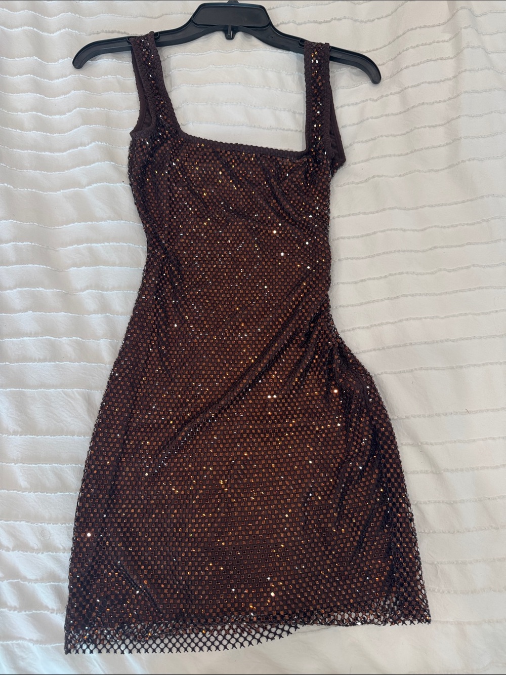 Brown Sequin Mesh Mini Dress with Square Neck
